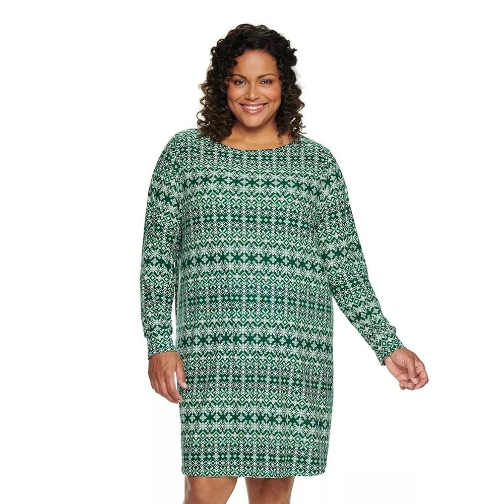 Green Nightgown 3X GEOMETRIC Print Long Sleeve Slinky Midlength Poly Spandex NWT